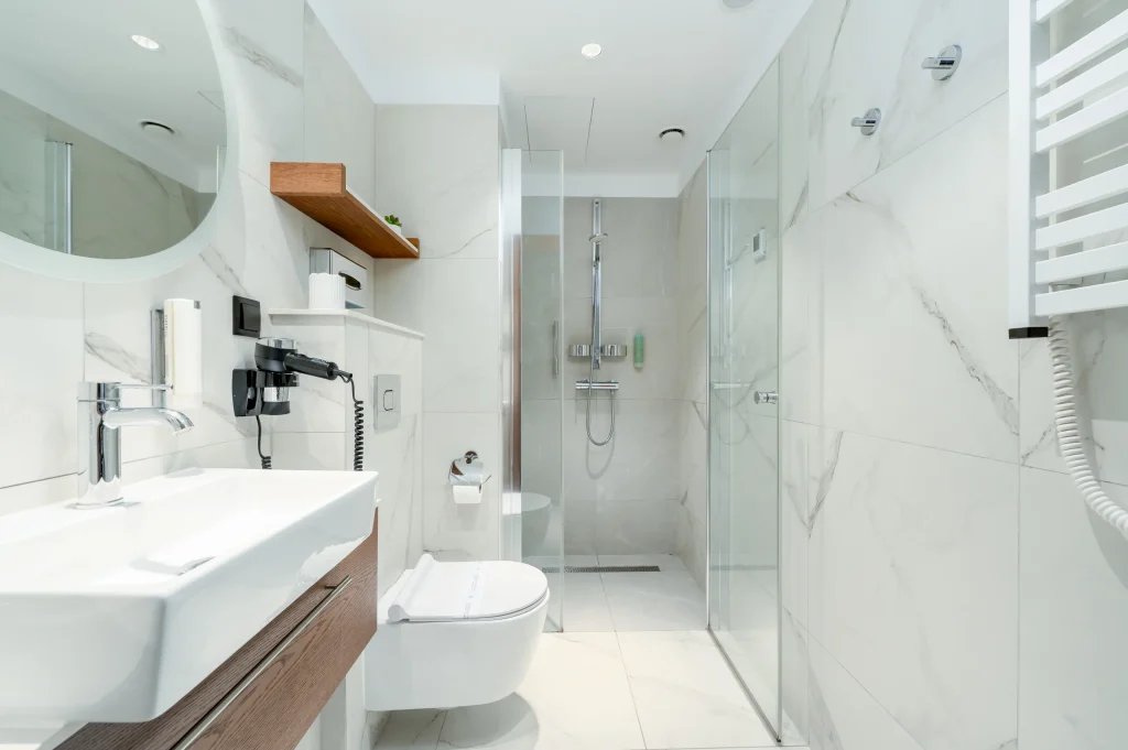 Marble bathroom with a walk-in shower