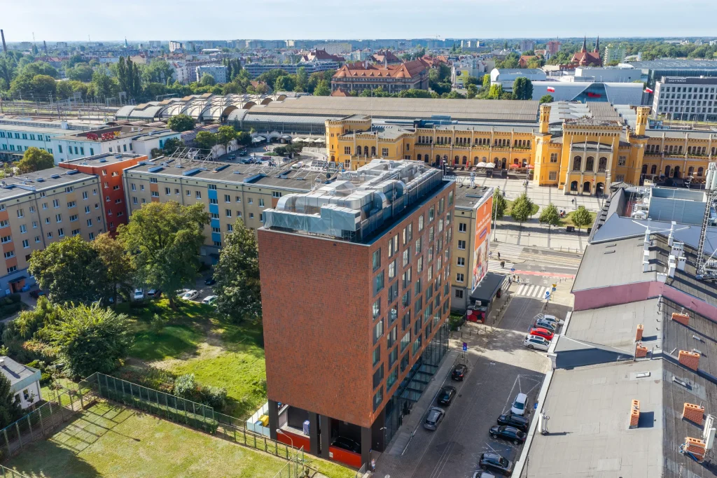 Aerial view of Peron 12 Gwarna with Wrocław Main Railway Station in the background