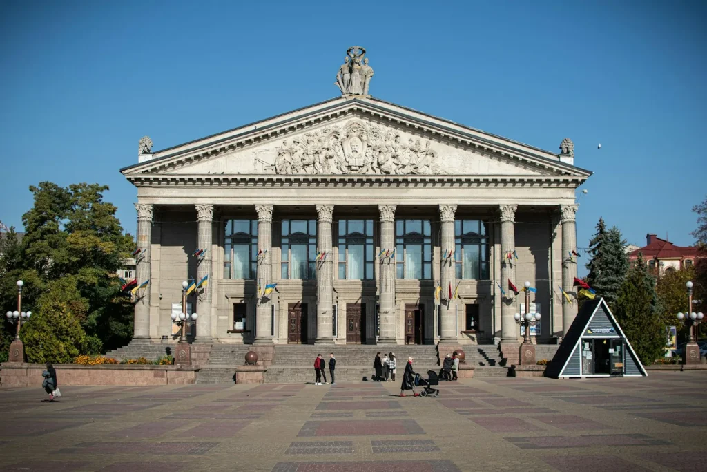 The neoclassical façade of Wrocław Opera with a colonnade and pediment