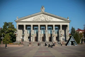 The neoclassical façade of Wrocław Opera with a colonnade and pediment